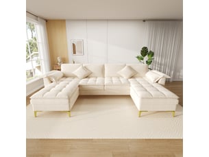 Canapé panoramique en u 4-5 places avec double méridienne -  pieds en métal doré, chenille beige 262 × 134 × 86 cm