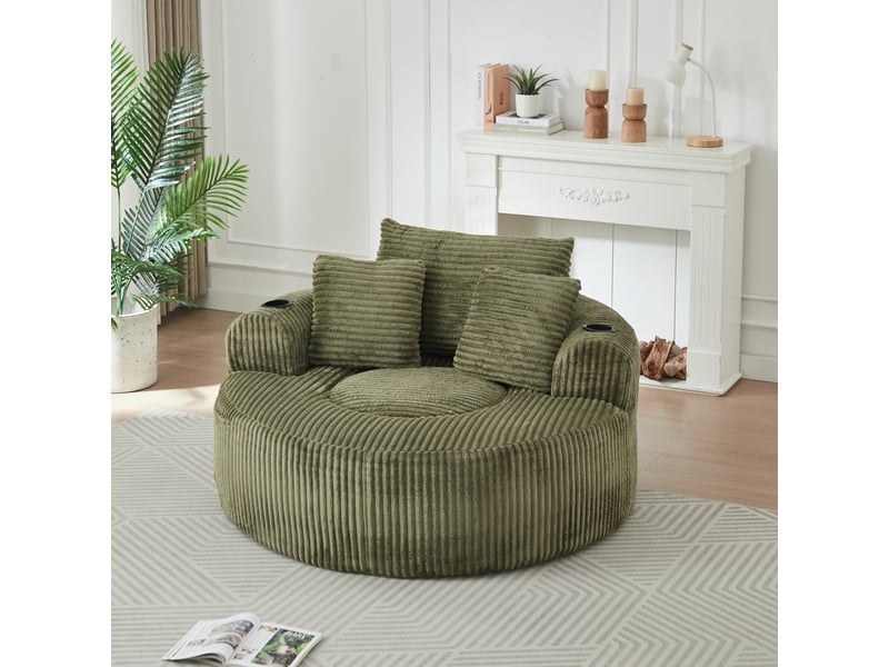 Canapé 1 place rond avec 2 porte-gobelets, 3 coussins et poches latérales, velours côtelé, vert OMNIGLINT TRADING LTD - Conforama D