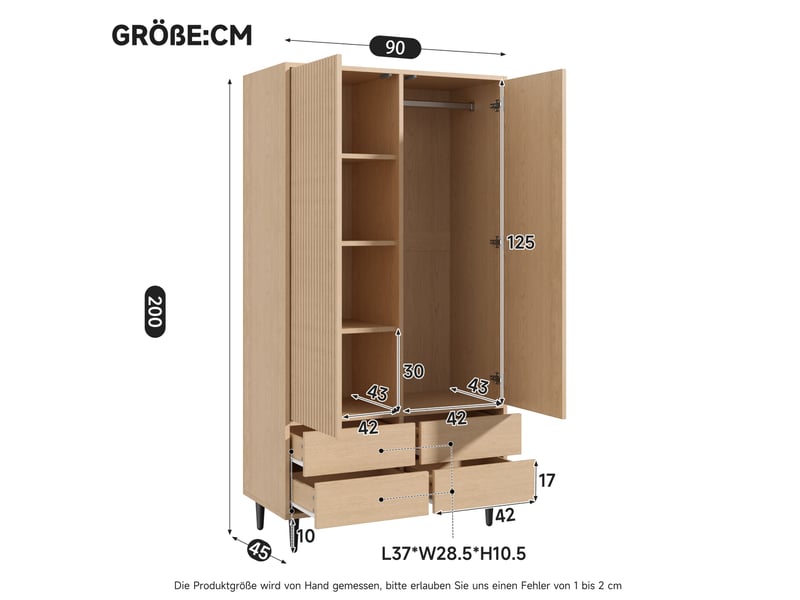 Armoire penderie 90 x 45 x 200 cm – aspect chêne – 2 portes miroir, 1 penderie, 4 tiroirs et rangements - Conforama C