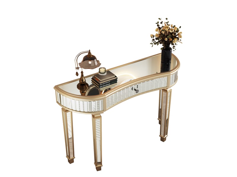  Console demi-lune miroir 120 cm or argenté, verre cannelé, tiroir bouton cristal  - Conforama D