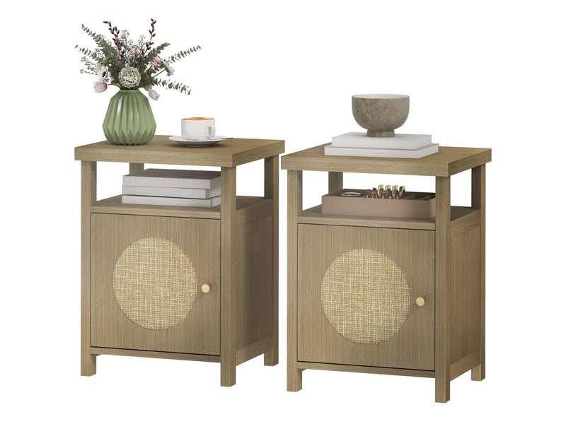  Lot de 2 tables de chevet étroite table d'appoint compartiment ouvert placard finition en rotin, 40 x 35 x 55 cm marron  - Conforama B