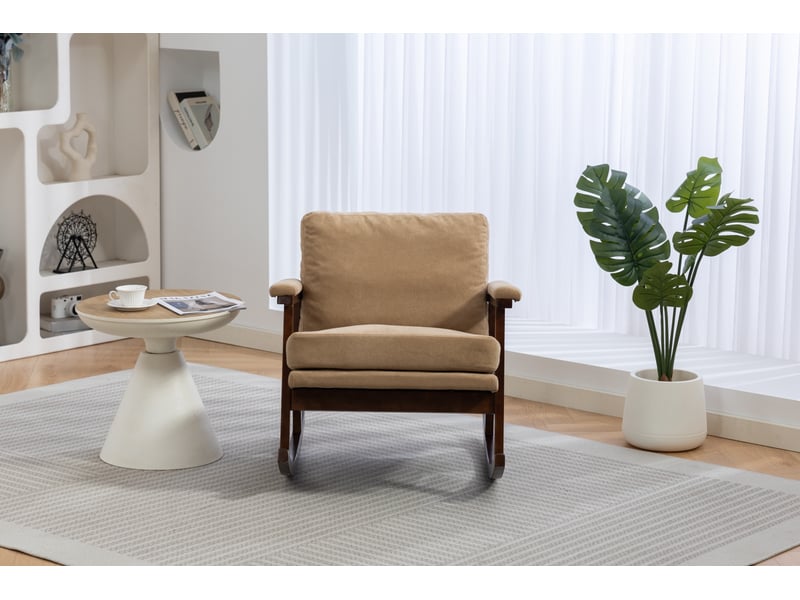  Fauteuil à bascule mid-century moderne 83x73x80cm – assise rembourrée pour salon, chambre et véranda – avec piétement en bois - velours - marron  - Conforama E