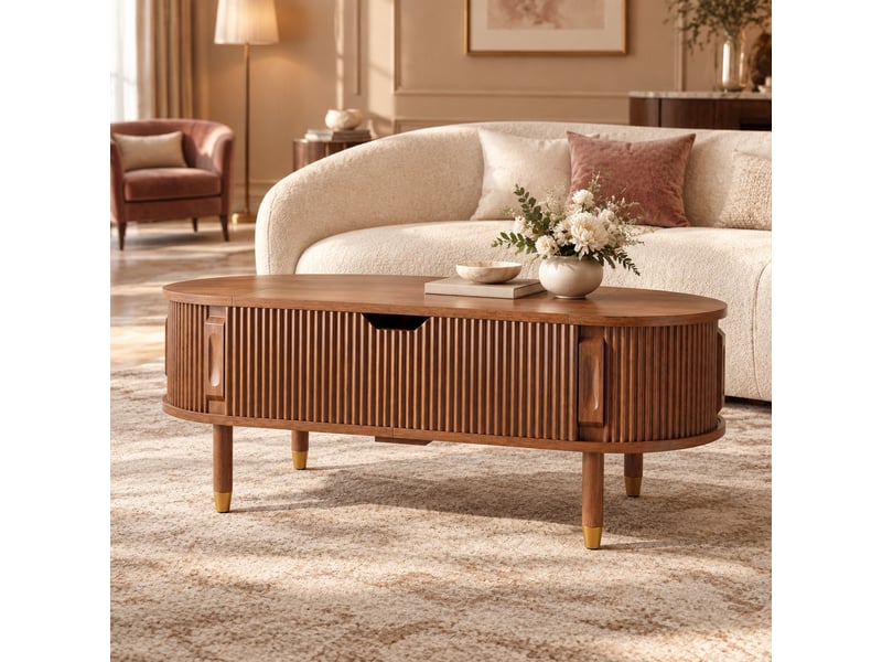  Table basse ovale à plateau relevable avec rangement - lpospi - portes coulissantes rainurées mdf noyer  - Conforama C