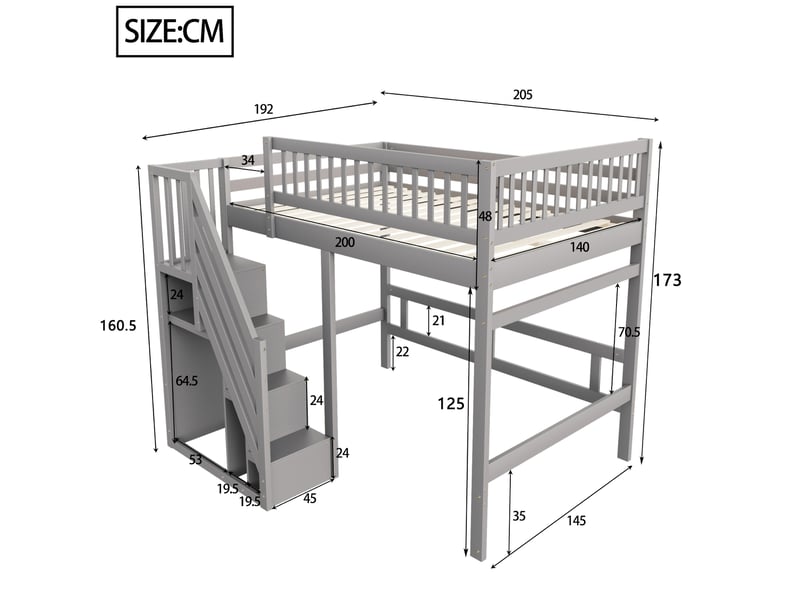  Lit mezzanine 140x200 cm, espace de rangement, avec escalier de rangement et garde-corps haut, bois, gris, sans matelas  - Conforama C