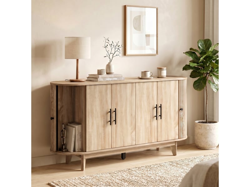 Buffet salon, meuble de rangement ovale avec 4 portes et 2 étagères réglables, 147x40x76cm, chêne - Conforama C