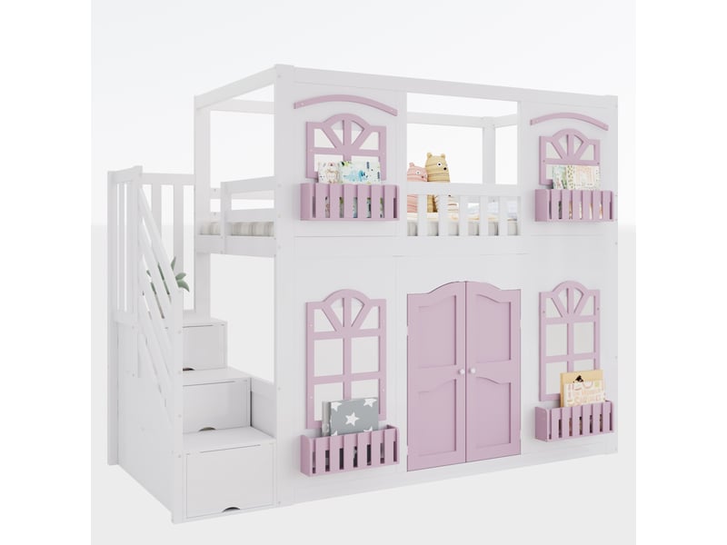 Lit superposé enfant 90x200 cm - avec portes et fenêtres - escalier avec rangements - rayonnage de stockage - bois massif + mdf - blanc + rose (sans matelas) - Conforama A