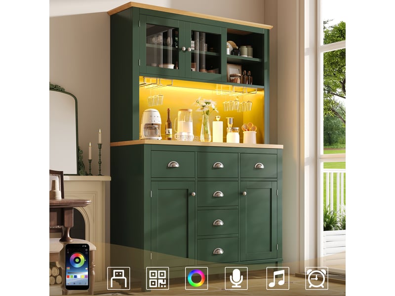 Buffet de cuisine vert style maison de campagne, armoire de rangement 180cm avec 4 portes, éclairage led et porte-gobelets. - Conforama C