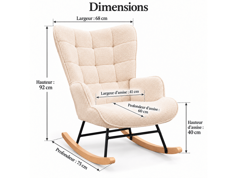  Chaise à bascule, fauteuil a bascule avec polaire sherpa, allaitement fauteuil pour salon, chambre, balcon, beige  - Conforama C