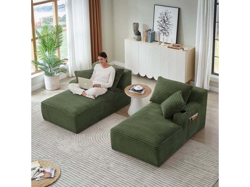 Canapé droit 2 places vert en velours côtelé, double chaise longue, porte-gobelets, sans montage Fay Lum - Conforama D