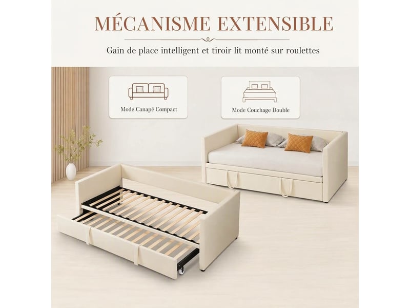  Lit gigogne 90x200 extensible 180x200 cm avec sommier à lattes, lit rembourré convertible, canapé lit convertible avec dossier, lit banquette, tissu velours sans matelas, beige  - Conforama C