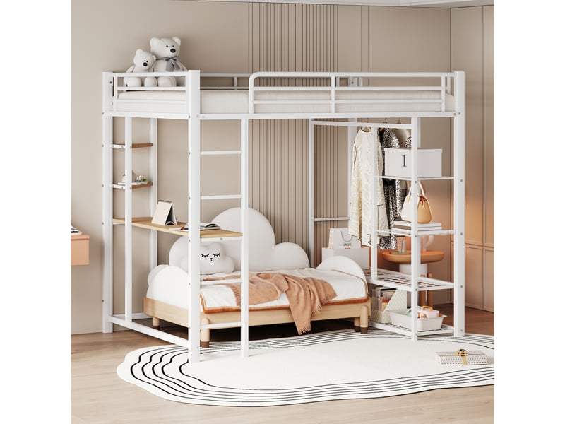  Lit mezzanine en métal 140x200 cm avec bureau, penderie et rangements, blanc  - Conforama B