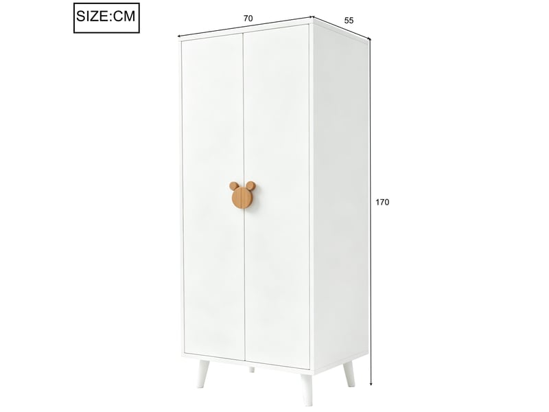  Armoire enfant 2 portes 70 x 55 x 170 cm avec rangement, blanc et bois  - Conforama C