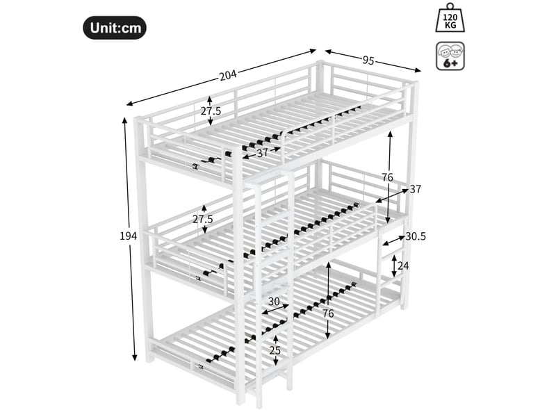  Lit superposé triple 90x200 cm en métal blanc avec échelle fixe  - Conforama C