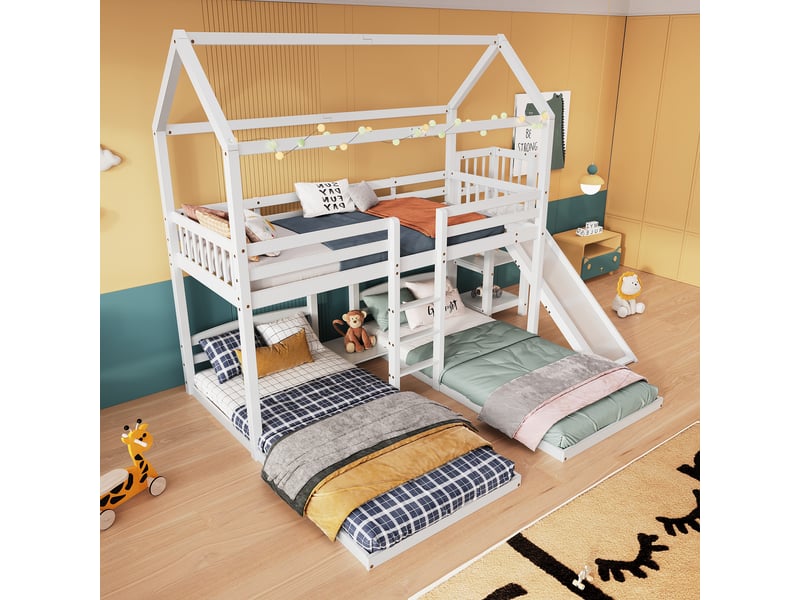  Lit superposé 90x200 cm - lit enfant 3 places avec toboggan et toit cabane, échelle de sécurité, mdf, blanc, sans matelas  - Conforama B