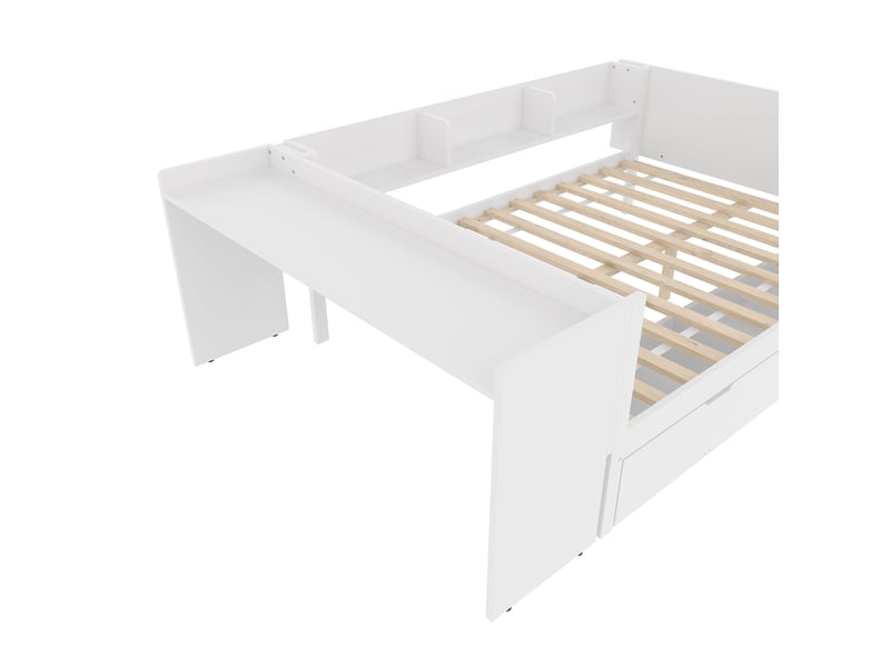  Lit double 140x200 en bois blanc avec bureau intégré et 2 tiroirs  - Conforama W