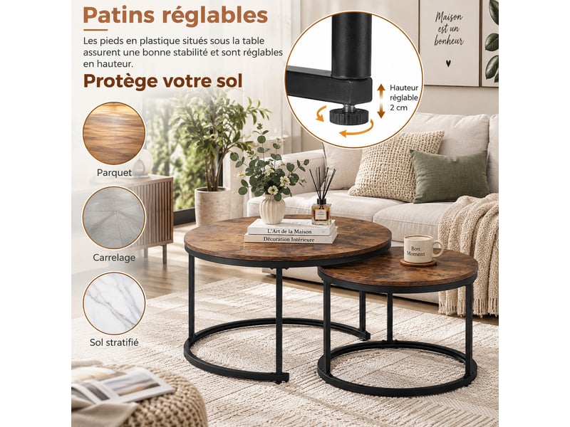  Lot de 2 tables gigognes rondes marron en mdf et métal, ø 50 x h 70,5 cm et ø 45,5 x h 44 cm  - Conforama D