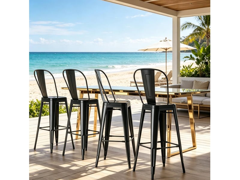  Lot de 4 tabourets de bar industriels noirs avec dossier amovible et repose-pieds, empilables  - Conforama C