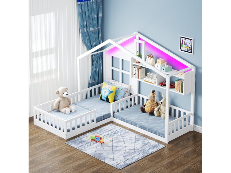  Lit enfant 90x200 cm avec éclairage led et étagères en bois et mdf blanc  - Conforama D
