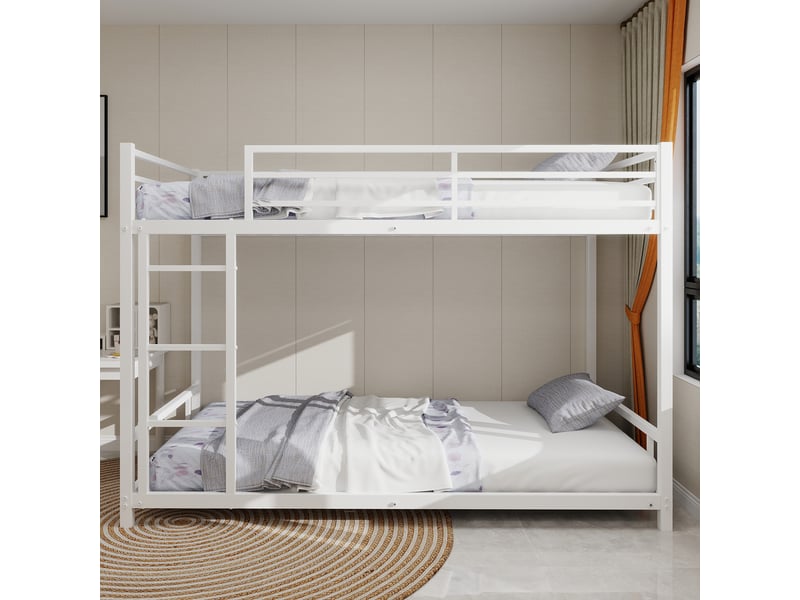 Lit superposé bas - 136cm - garde-corps 33cm - métal robuste - blanc - Conforama E