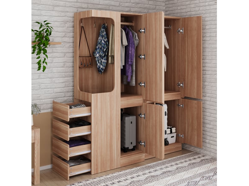  Armoire 140x40x170 cm, avec portes doubles, tiroirs latéraux, style naturel, bois et mdf, finition de bois naturel  - Conforama B