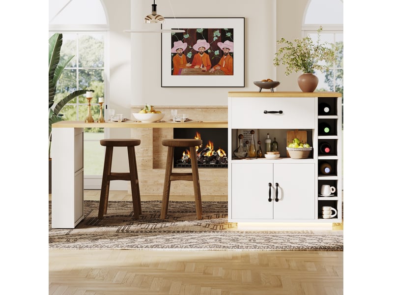  Desserte de cuisine 141-193,5x70x101,5 cm, 2 tiroirs, 4 portes, table extensible, mdf et métal, couleur blanc et bois  - Conforama D