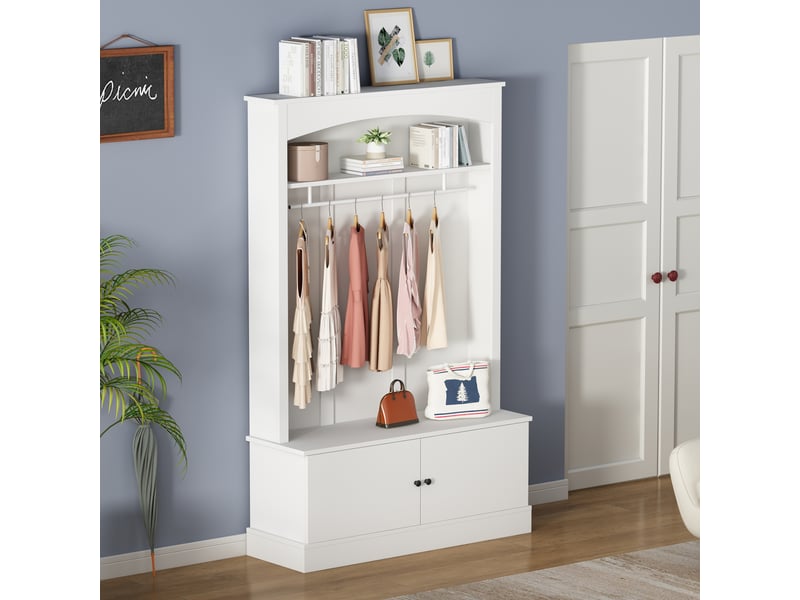  Vestiaire d'entrée avec banc à chaussures, meuble de rangement pour couloir et penderie multifonction 5 en 1, 120x40x190 cm, blanc  - Conforama W