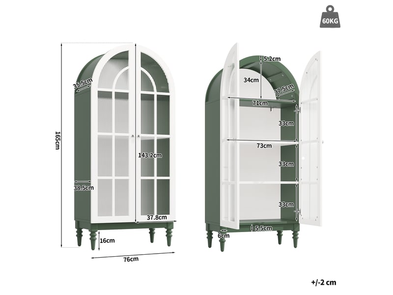  Lot de 2 vitrines cintrées, coloris vert foncé et blanc, 76 × 38,5 × 165 cm chacun, mdf, métal et verre, 3 niveaux  - Conforama B