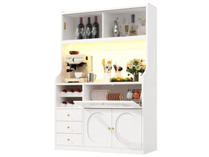 Meuble haut de cuisine 120 cm avec éclairage rgb, portes vitrées coulissantes, casier à bouteilles, 3 tiroirs, blanc