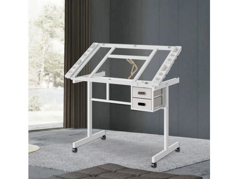 Table de dessin réglable en verre avec 2 tiroirs en tissu et 4 roulettes blanches - Conforama C
