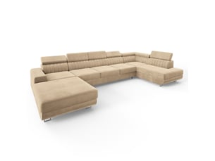 Canapé d'angle droit convertible MASSENO 6 places Velours beige avec coffre de rangement