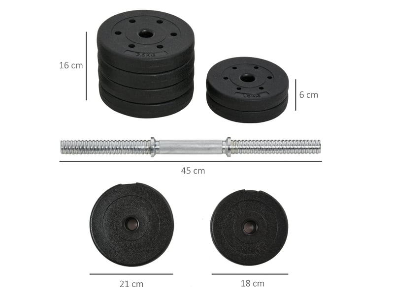 Set d'haltères 30 kg noir en acier et plastique, 12 disques et 2 barres de connexion pour musculation - Conforama C