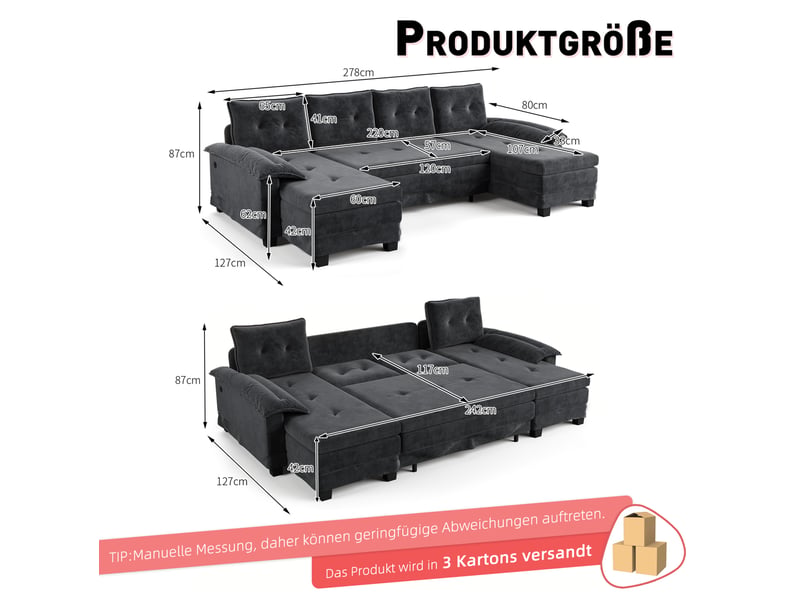  Canapé-lit u en forme de u de 278 cm, convertible avec lit escamotable et fonction de charge usb, design modulaire, grand canapé moderne pour salon  - Conforama E
