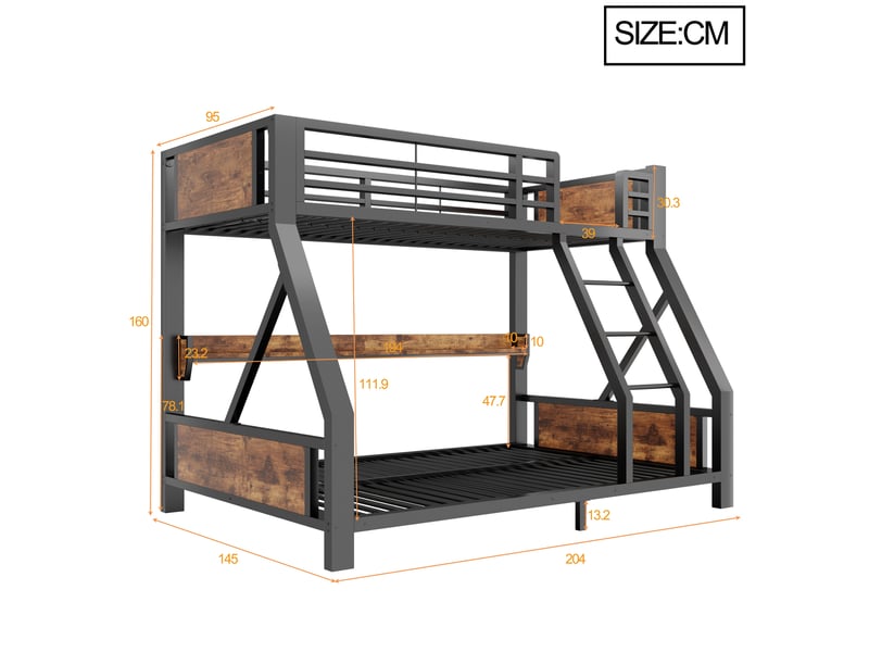 Lit superposé 90x200140x200 cm avec led et rangement, lit mezzanine métal et bois pour enfants et adolescents, couchage double et simple - noir - Conforama E