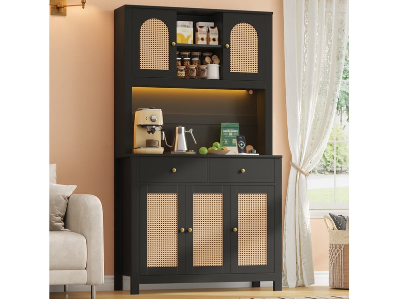 Buffet de cuisine haut led avec 5 portes en rotin, 2 tiroirs et prises intégrées, en mdf noir, 100 × 40 × 180 cm - Conforama C