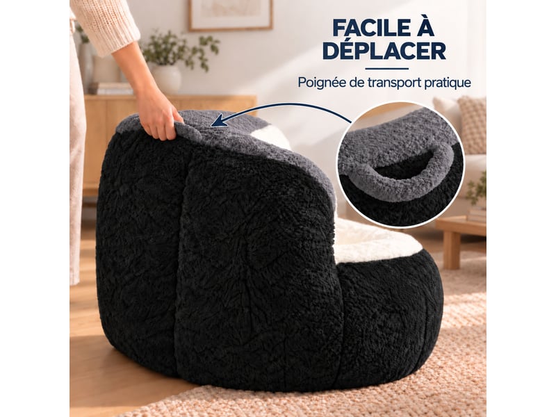 Canapé pouf géant en fausse fourrure, tissu doux respectueux de la peau, mousse déchiquetée haute résilience,noir+blanc+gris  - Conforama D