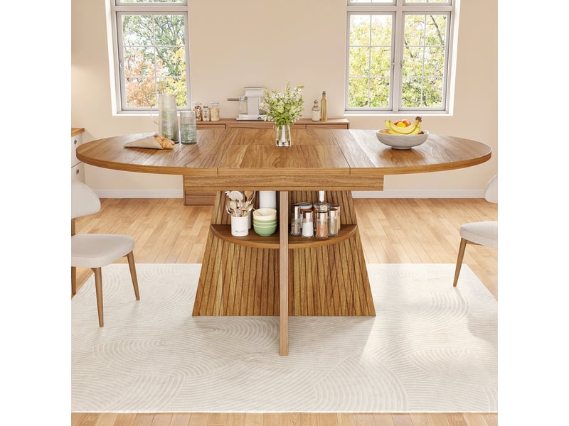  Table à manger extensible 110-150x110x76cm, espace de rangement ouvert, coins arrondis sur plateau épais, aggloméré brun foncé, destination salon  - Conforama E