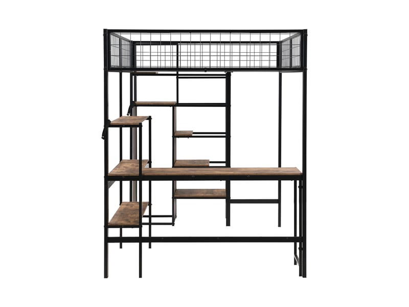 Lit mezzanine 140 x 200 cm, lit enfant surélevé, placard intégré, bureau intégré, étagères ouvertes, échelle, sommier à lattes inclus, métal, noir Morn Vibe - Conforama E