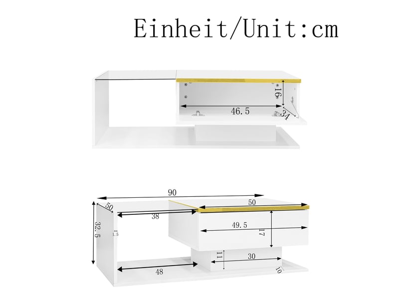 Table basse 90 x 50 x 32,5 cm rangement verre trempé led 16 couleurs pilotable appli panneau particules blanc  - Conforama C
