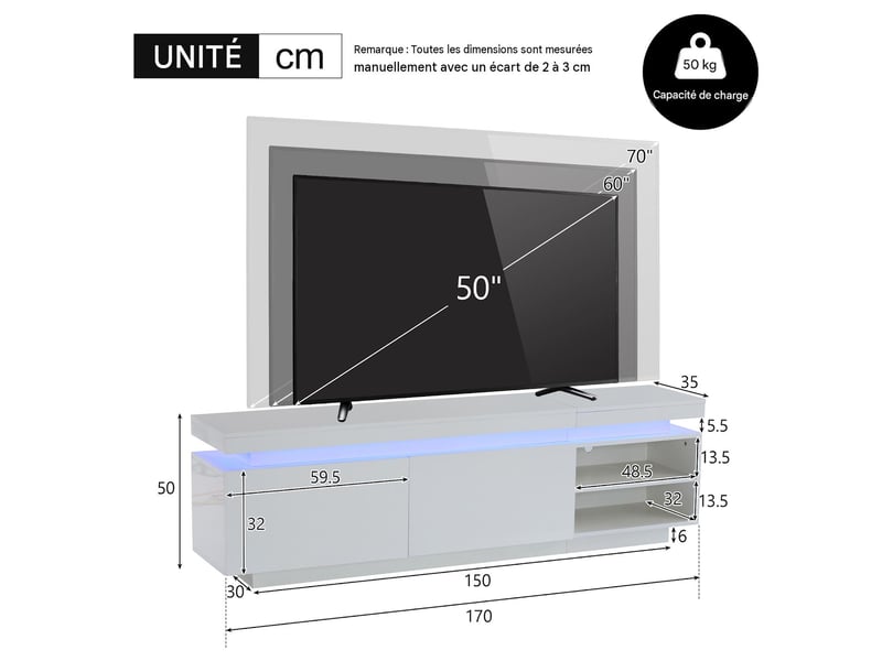  Meuble tv avec éclairage led en panneau de particules blanc 170x35x50 cm - pangivo  - Conforama C