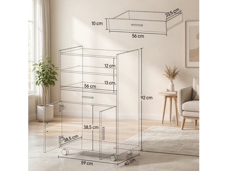  Desserte micro-ondes 59x40x92 cm – noire – 4 roulettes, placard, tiroir et tablette coulissante  - Conforama C