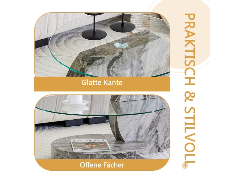  Table basse ronde 2 niveaux avec plateau en verre trempé - lpospi - base effet marbre, rangement ouvert, gris transparent  - Conforama E