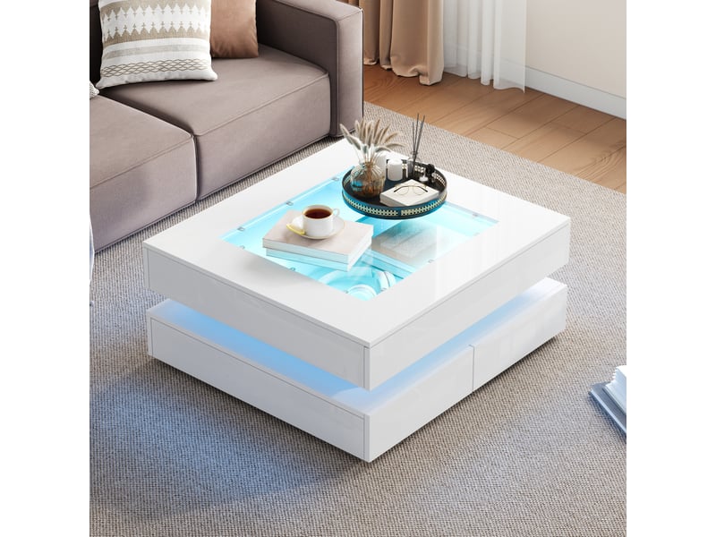 Table basse carrée blanche 70x70 cm, table de salon avec led contrôlable par application, plateau en verre trempé, 3 tiroirs - Conforama R
