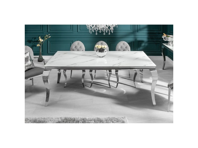  Table de salle à manger velena 180 cm – plateau en verre effet marbre blanc – structure en acier argenté  - Conforama E