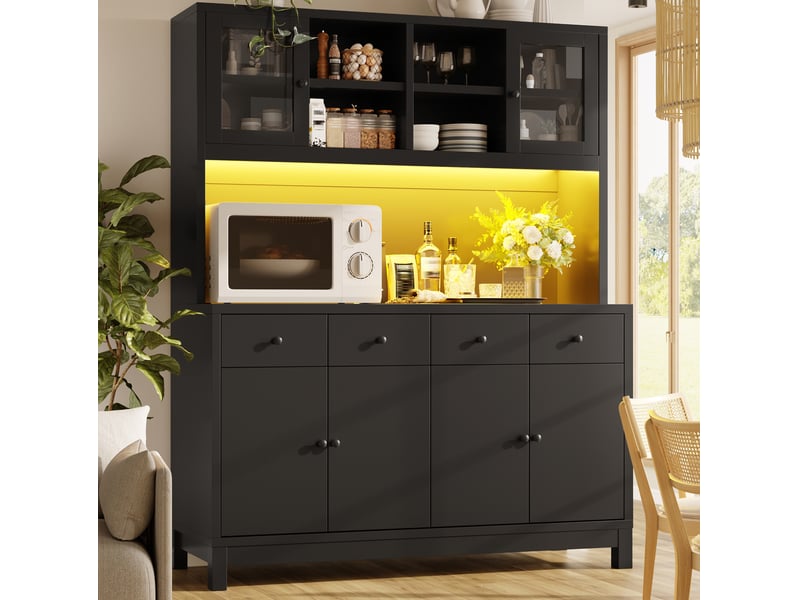 Buffet haut de cuisine avec 6 portes, 4 tiroirs, étagères réglables et éclairage rvb, noir 140 × 38,5 × 180 cm - Conforama E