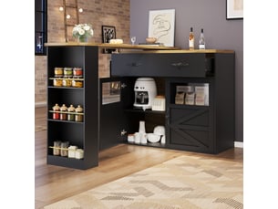 Ilot cuisine, buffet de cuisine avec rangements intégrés, plateau extensible, pivotant à 360°, dimensions 138 à 204 x 39 x 104 cm, mdf, noir