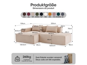 Canapé textile kaki 235 × 129 × 70 cm en polyester, 2 coussins, assise mousse et ressorts ensachés, format compact