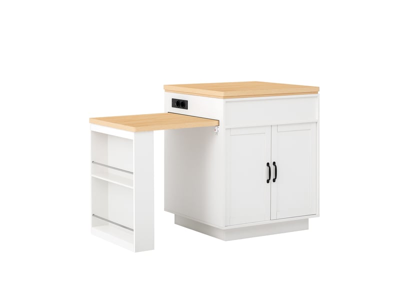  Îlot de cuisine mobile avec table extensible led, mdf blanc, prises intégrées, rangement polyvalent  - Conforama D