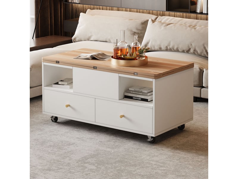  Table basse réglable en hauteur avec fonction pliante et 4 tiroirs, 100 x 50 x 47,5 cm, une grande et une petite table à levage hydraulique, table de salon mobile avec roulettes universelles, table basse  - Conforama B