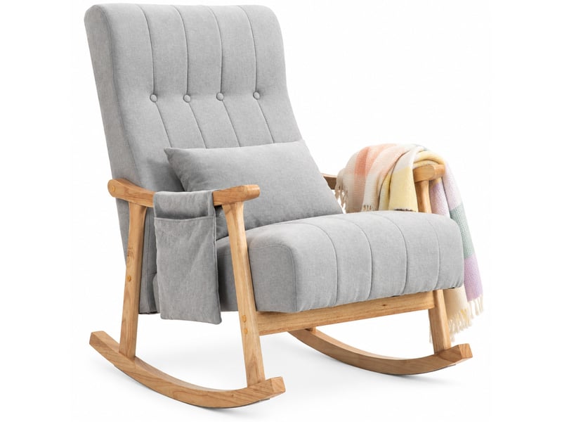 Fauteuil à bascule 65x90x98 cm, coussin lombaire, poches latérales, polyester et bois de hêtre, gris - Conforama A