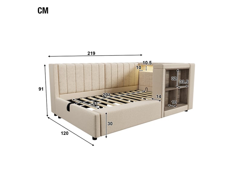  Canapé-lit 90x200cm - avec éclairage led et port de charge usbtype-c - tissu en lin - installation à gauchedroite - beige (matelas non inclus)  - Conforama C